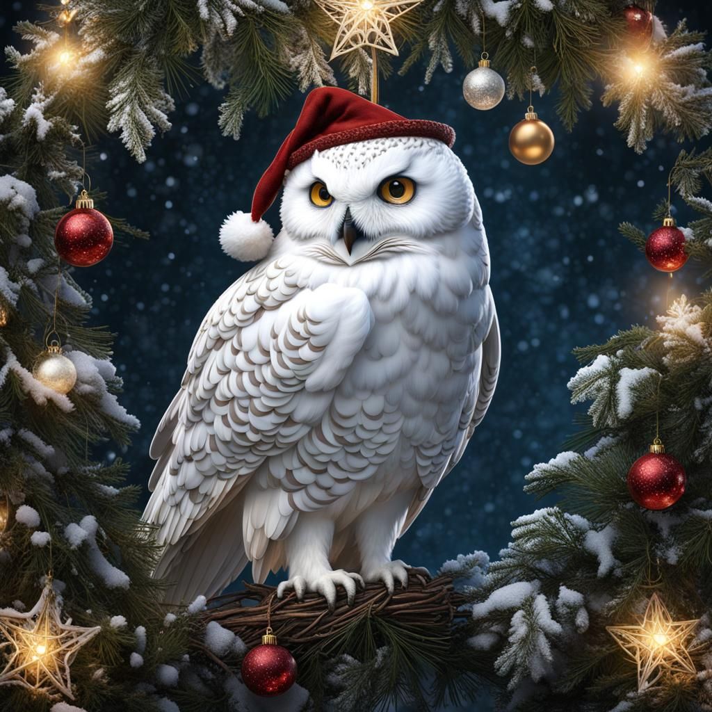 Festive Snowy Owl Portrait in Detailed Digital Painting Styl...