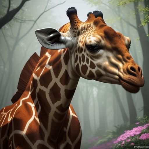 Giraffe in Floral Embrace: Low-Poly 3D Art