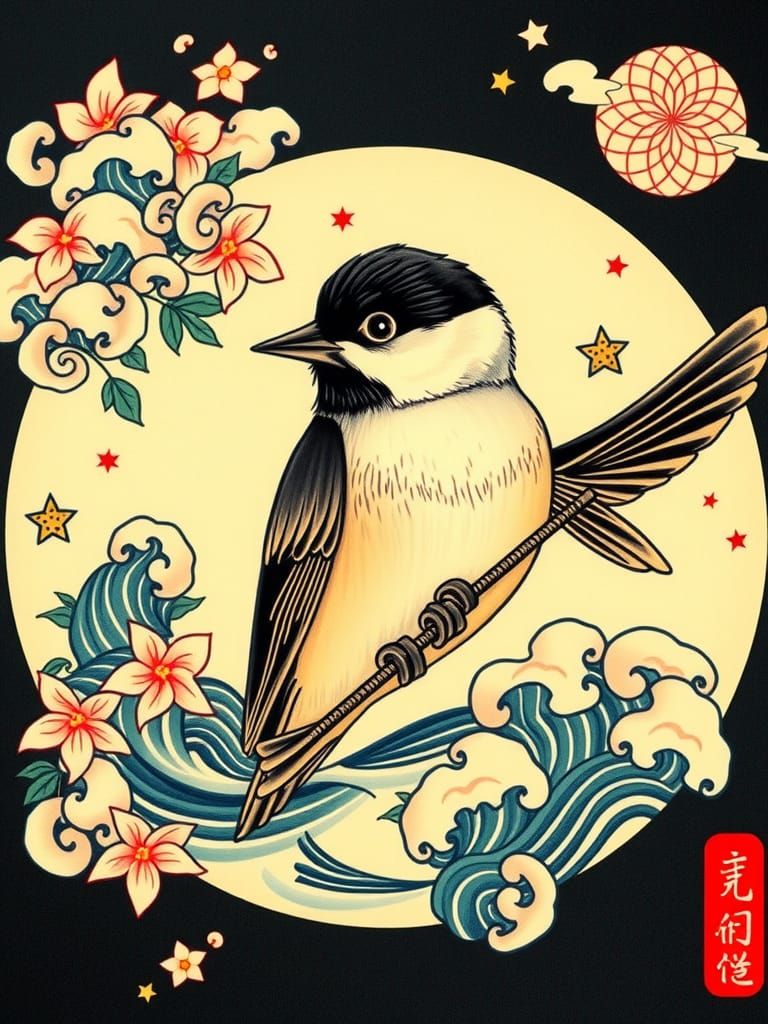 circular frame. Woodcut. A Japanese-inspired tattoo design f...