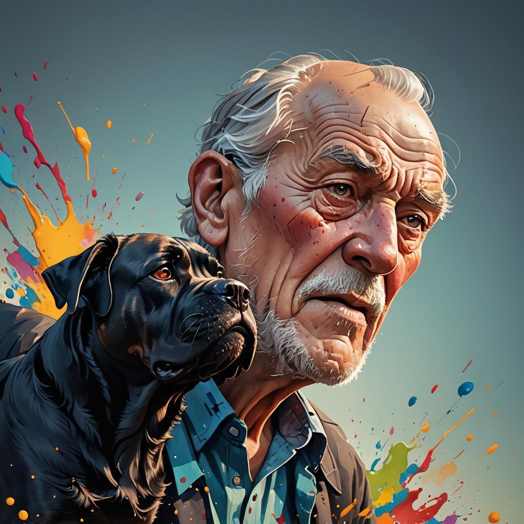 Old Man and Big Dog in Dramatic Splash Art Style