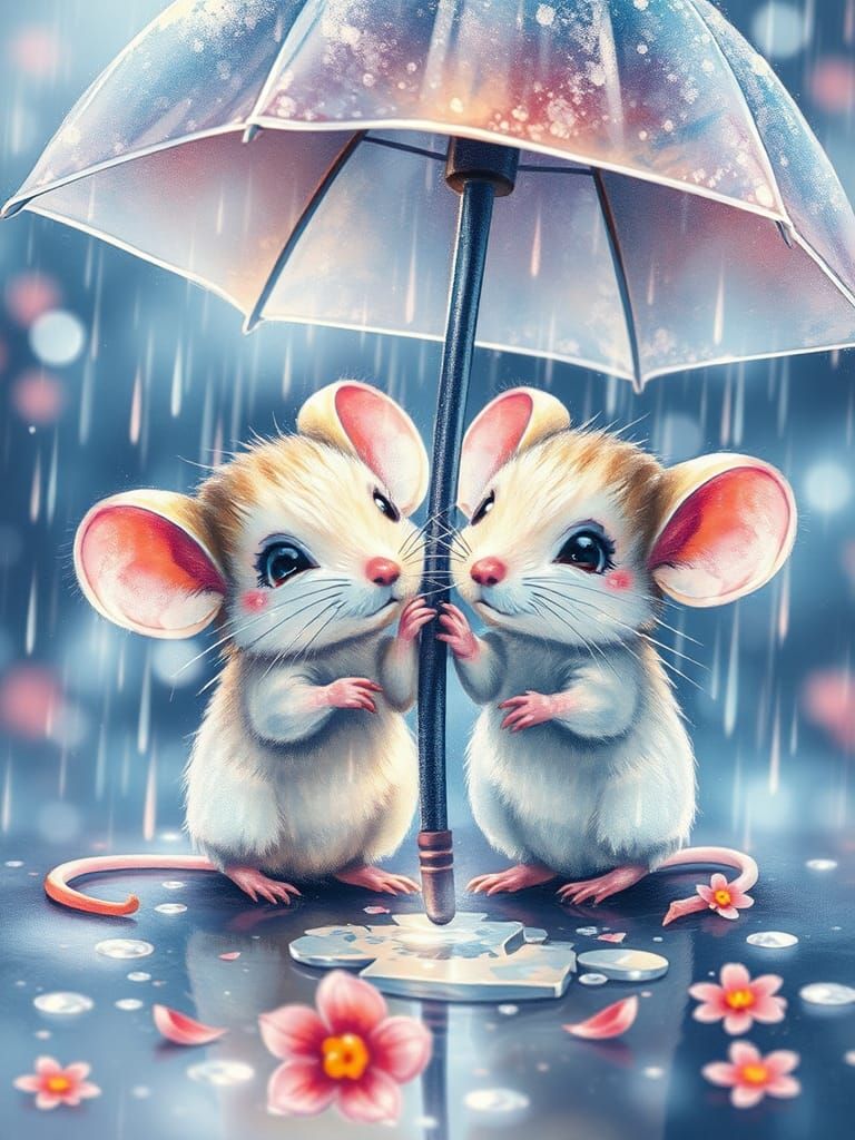 Chibi Mice in Rainy Fantasy Watercolor