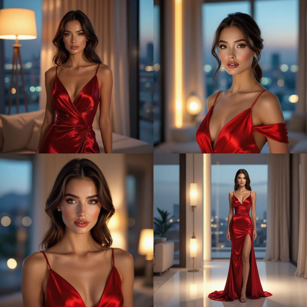Fashion Model in Red Silk Dress at Night