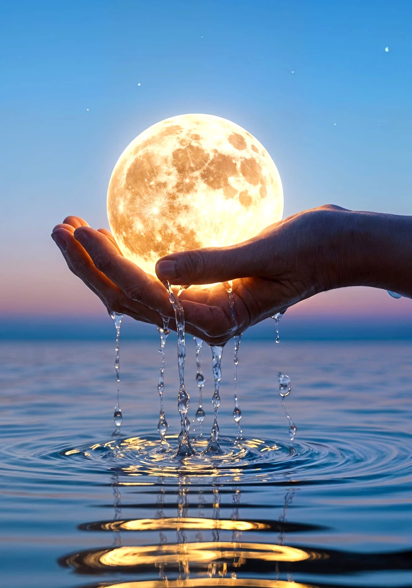Luminous Moon Sphere Held in Hand With Cascading Water