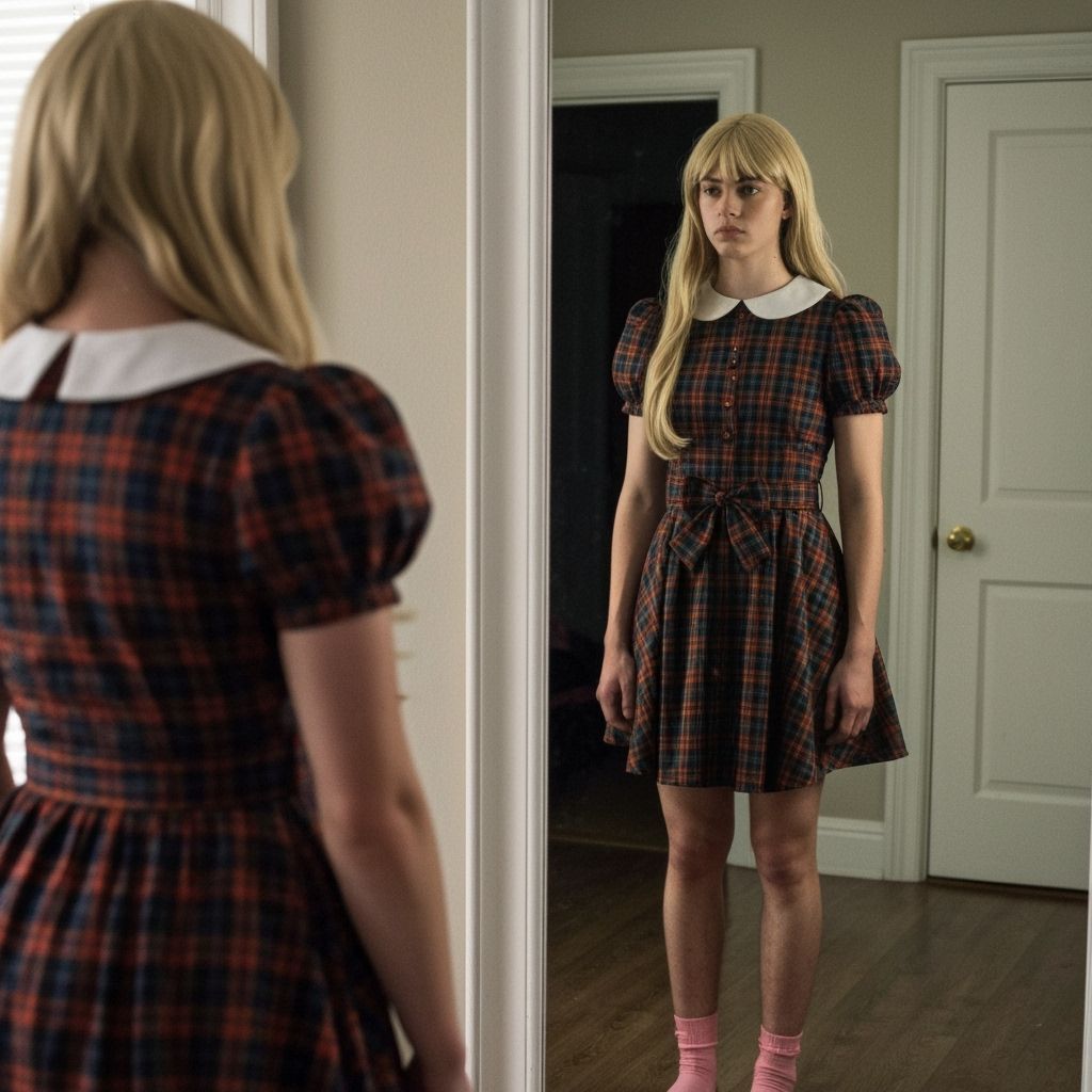 Crossdressed Man Reflects in Mirror in Tartan Dress