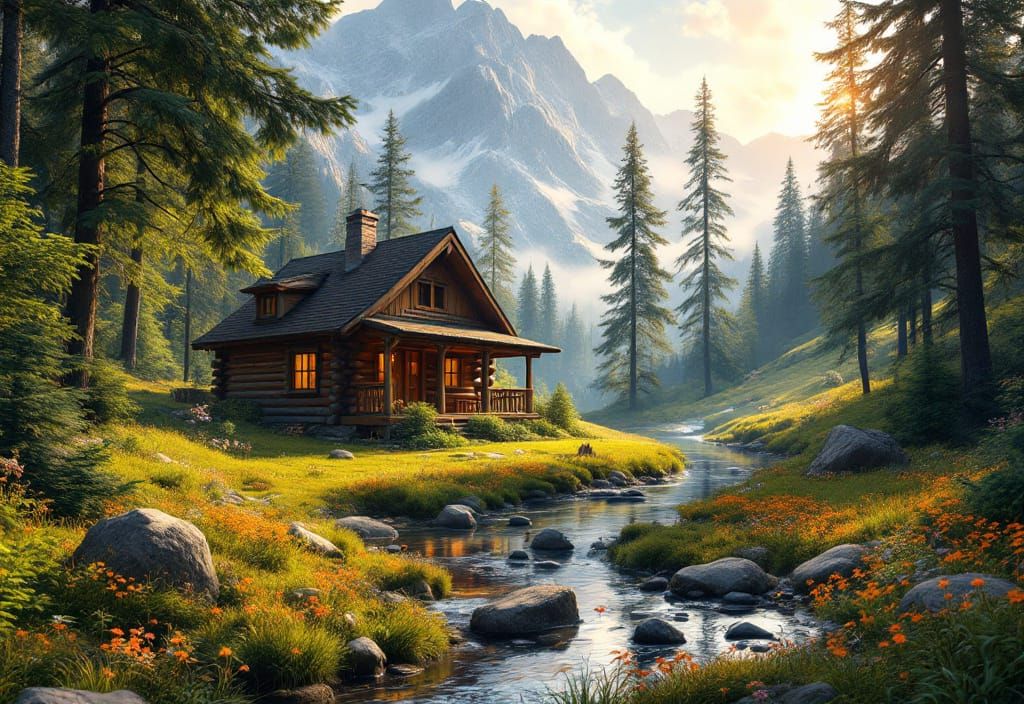 Secluded Log Cabin in Mountain Meadow, Matte Painting