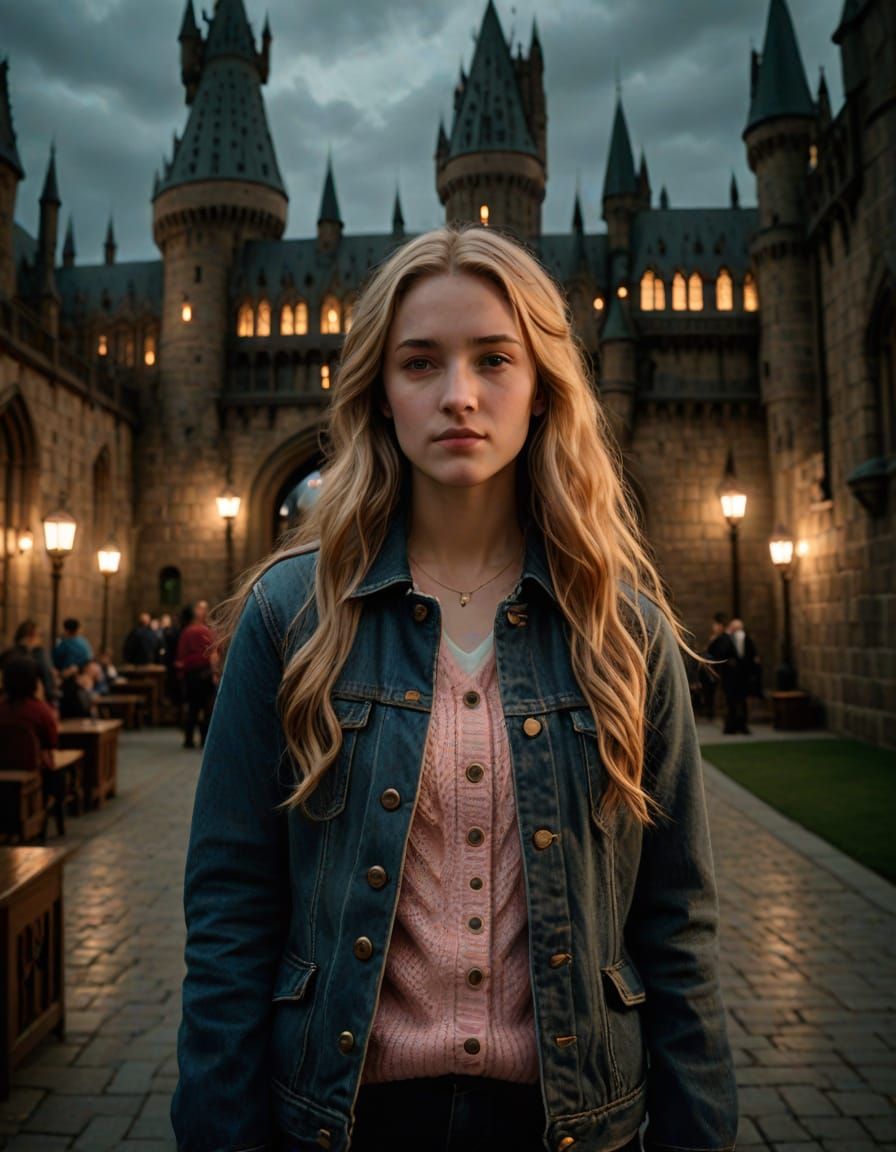 Golden Teenage Girl in Hogwarts Castle at Night