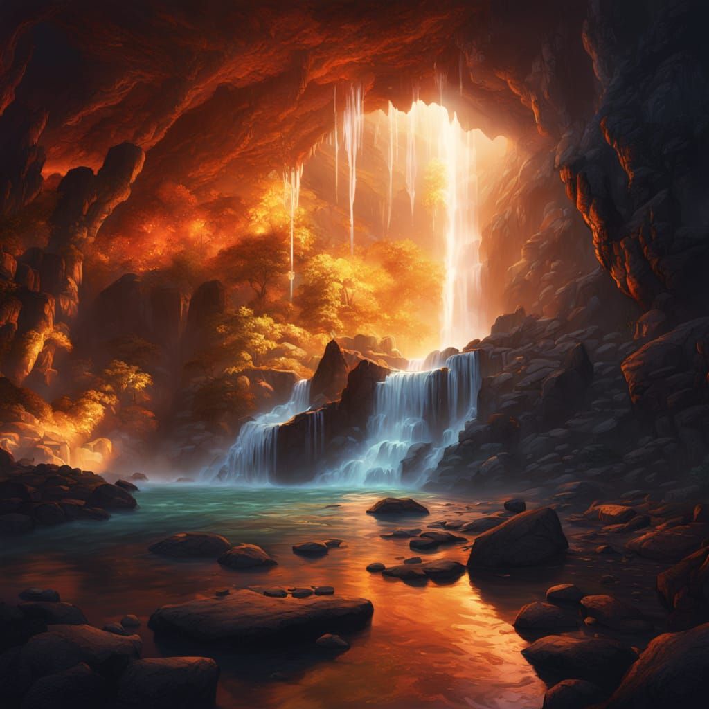 Majestic Waterfall in Underground Cave: Digital Painting