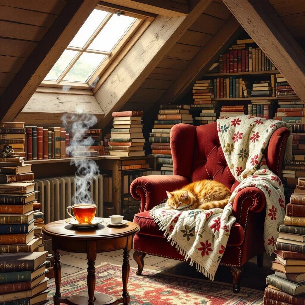 Cozy Attic Room with Cat, Golden Age Illustration