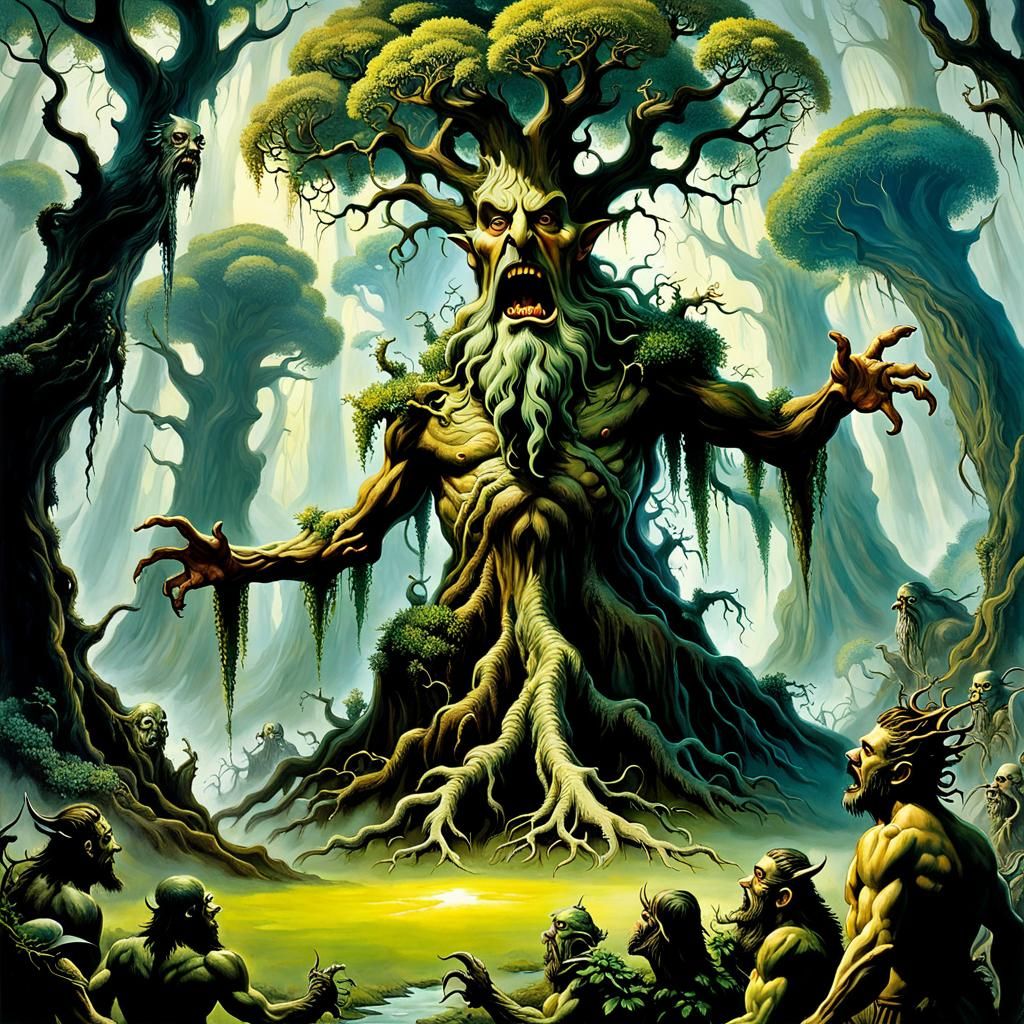 Treebeard Attacks Orcs: A Surrealist Lord of the Rings Scene