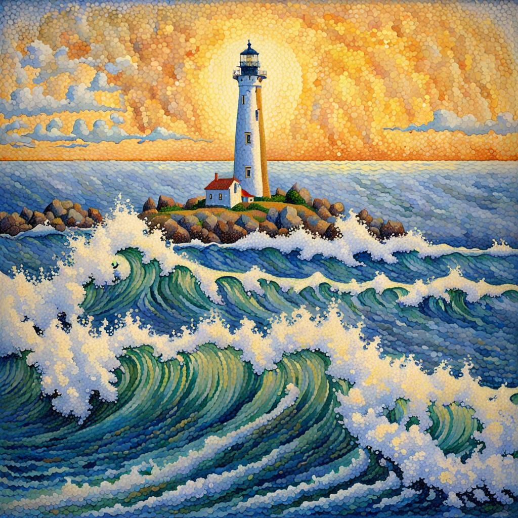 Pointillist Seascape with Lighthouse and Golden Horizon