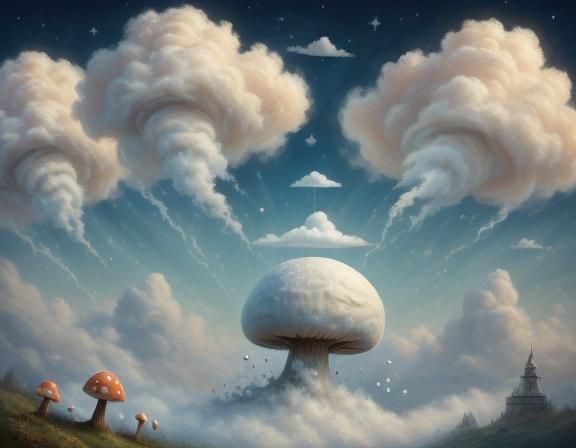 Mushroom House in Clouds: A Whimsical Oil Painting