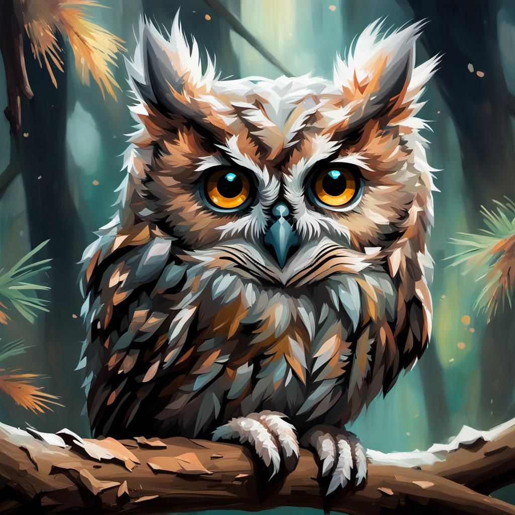 Cute Fluffy Owl in Magical Forest, Soft Painting