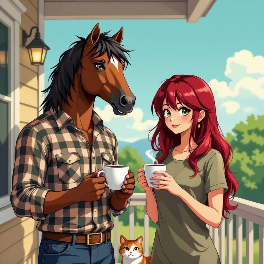 Surreal Horse-Man and Woman on Veranda: Anime Style