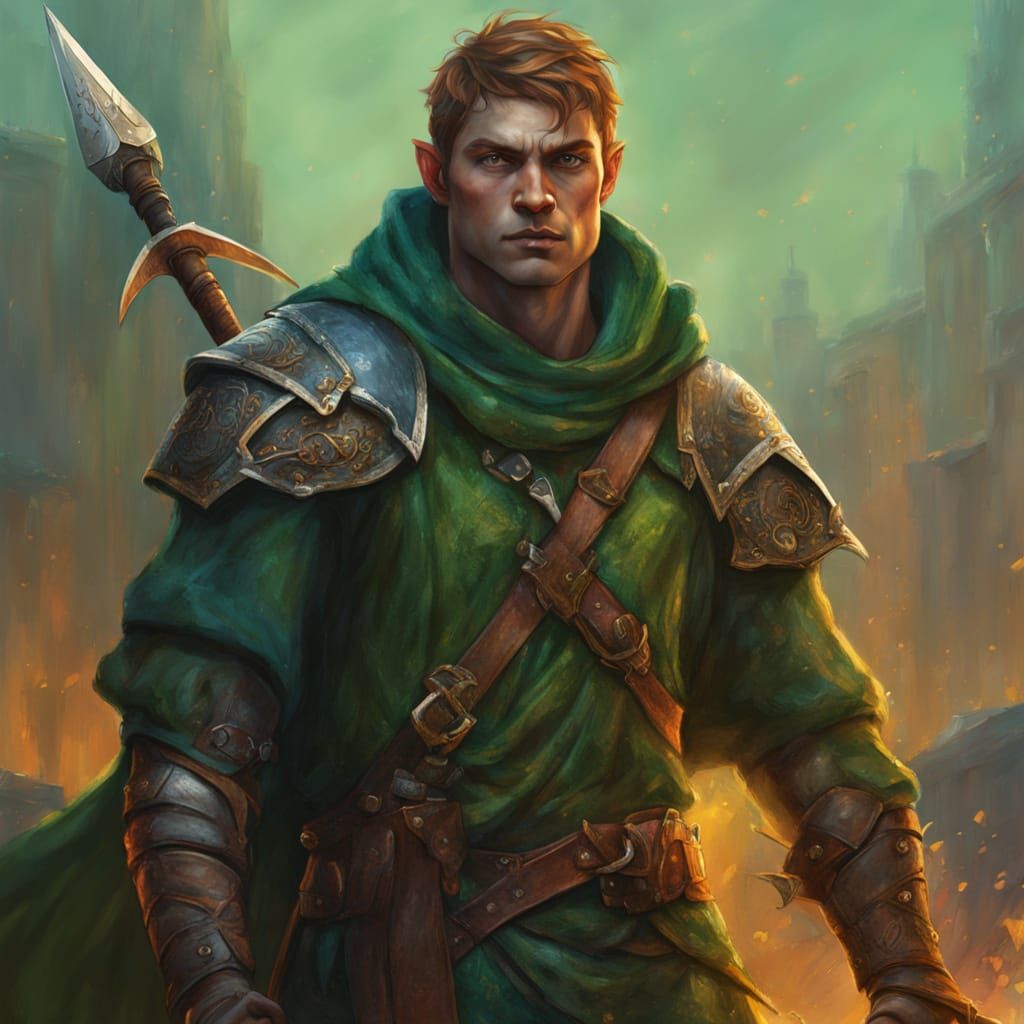 Half-Elf Mercenary with Halberd as Oil Painting
