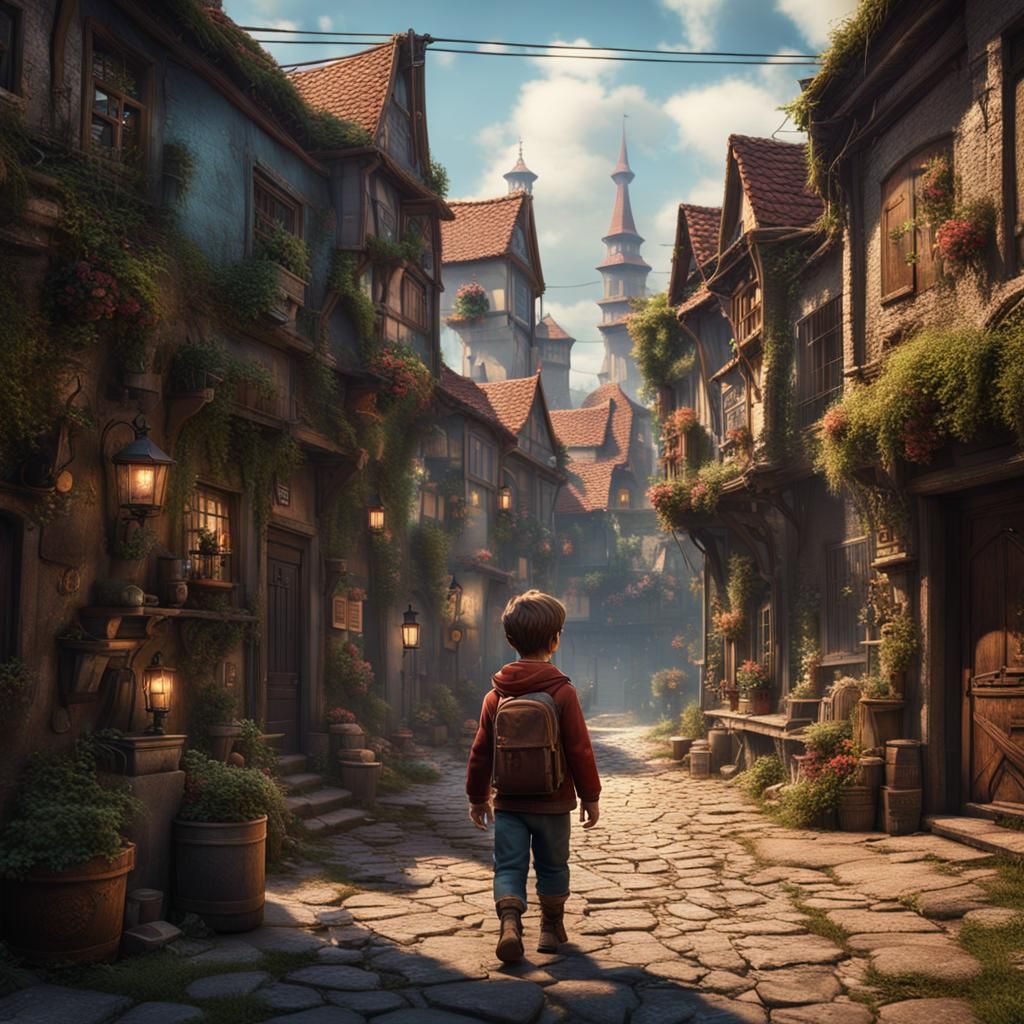 Boy Wanders Down Vintage Street: Detailed Matte Painting