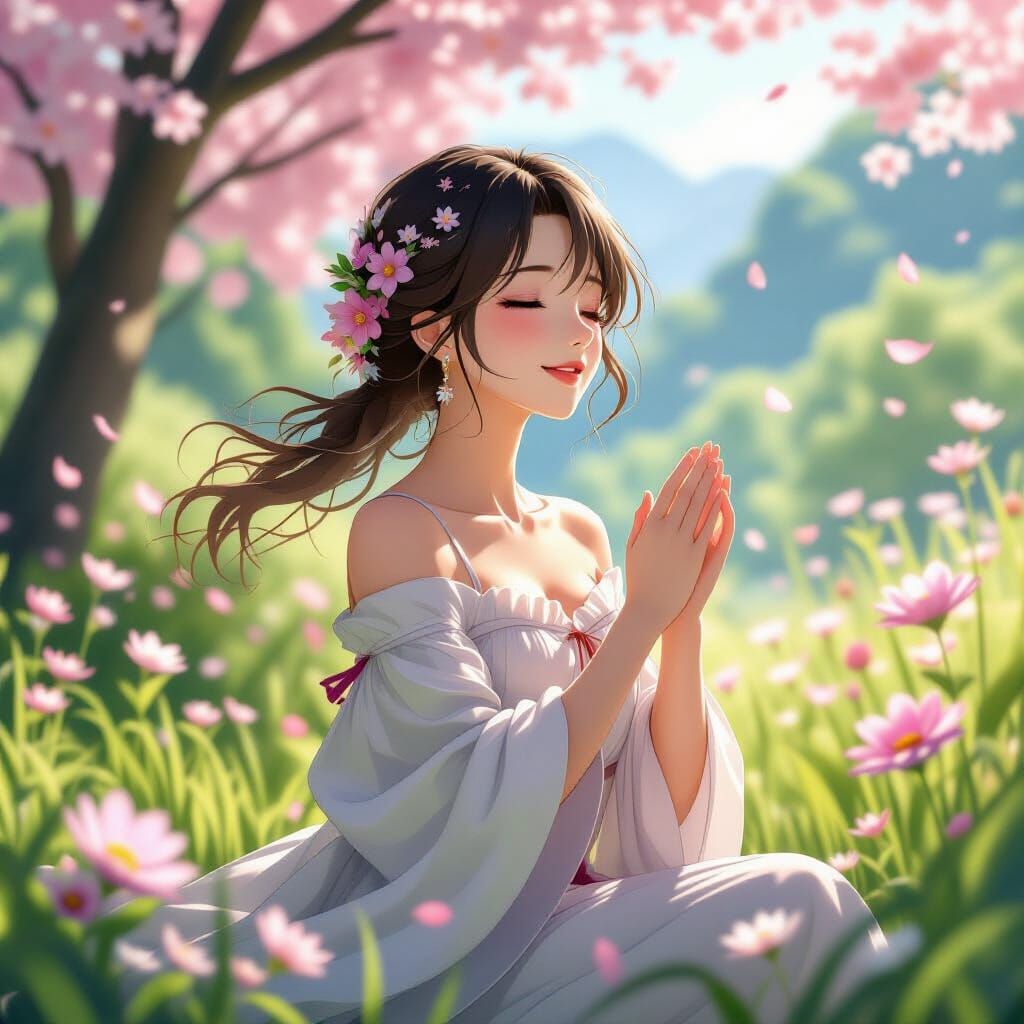 Harmonious Anime Woman in Serene Nature Scene