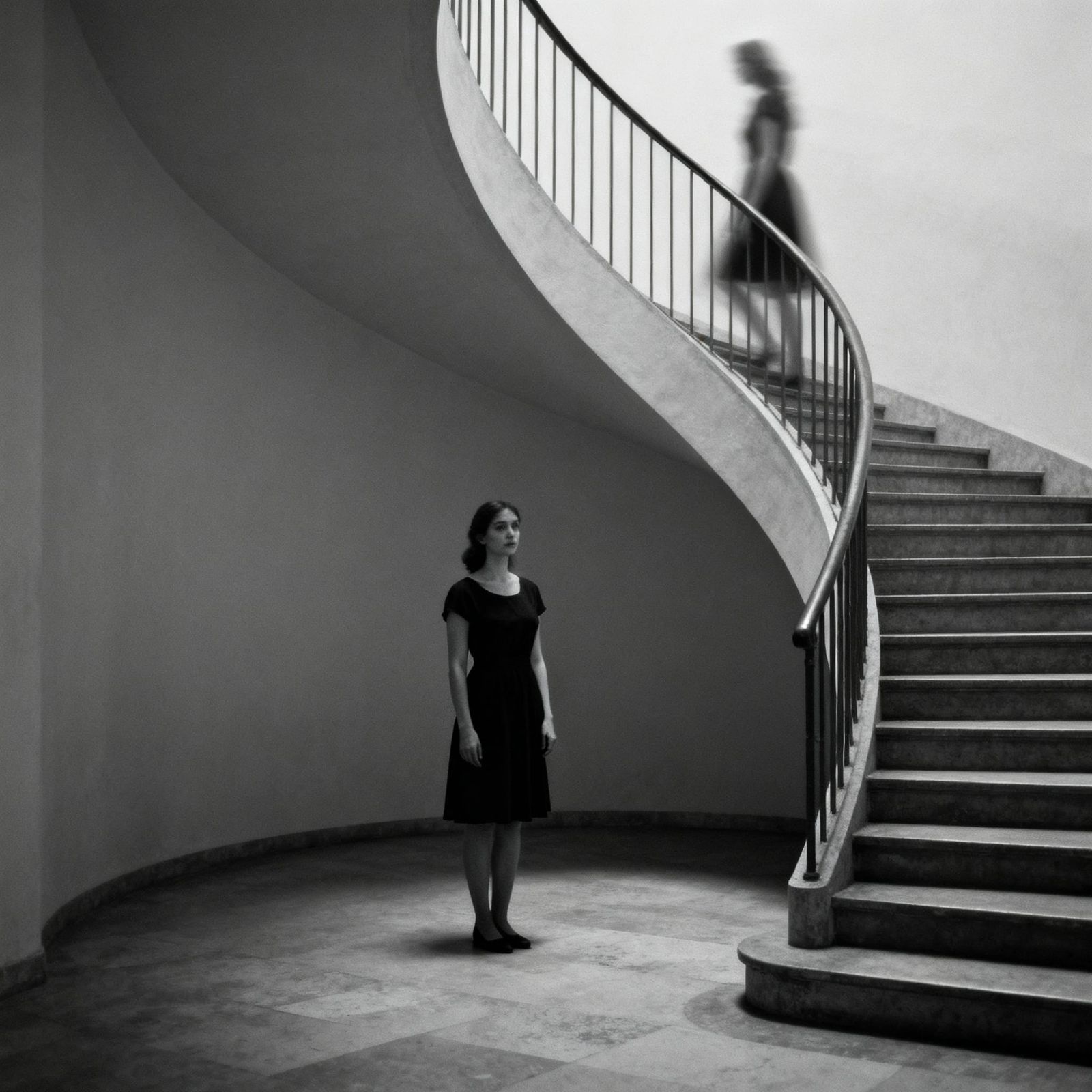 Surreal Ghostly Woman Descends Curved Staircase