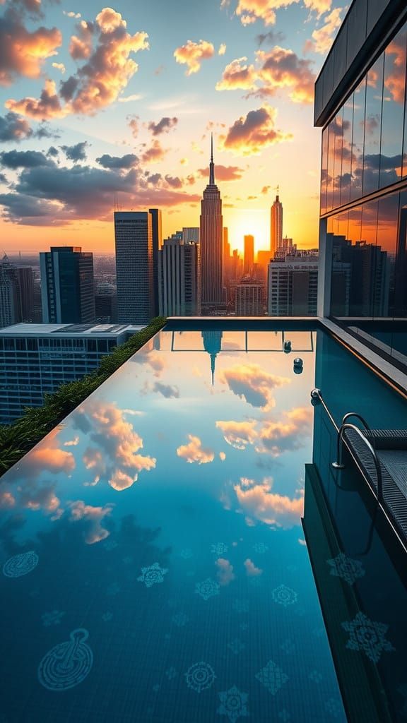 Luxury Rooftop Pool Overlooking Sunset Cityscape