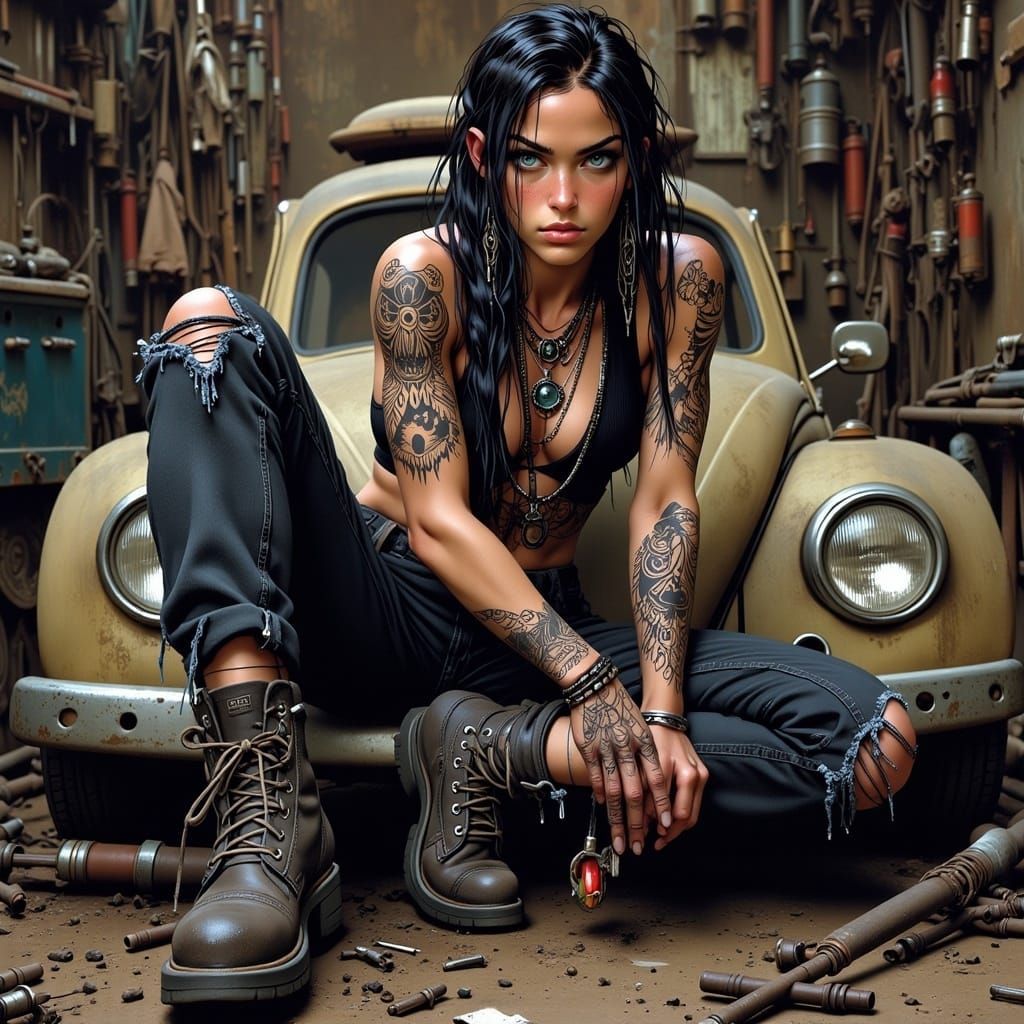 Hyper-Realistic Native American Woman in Garage Workshop