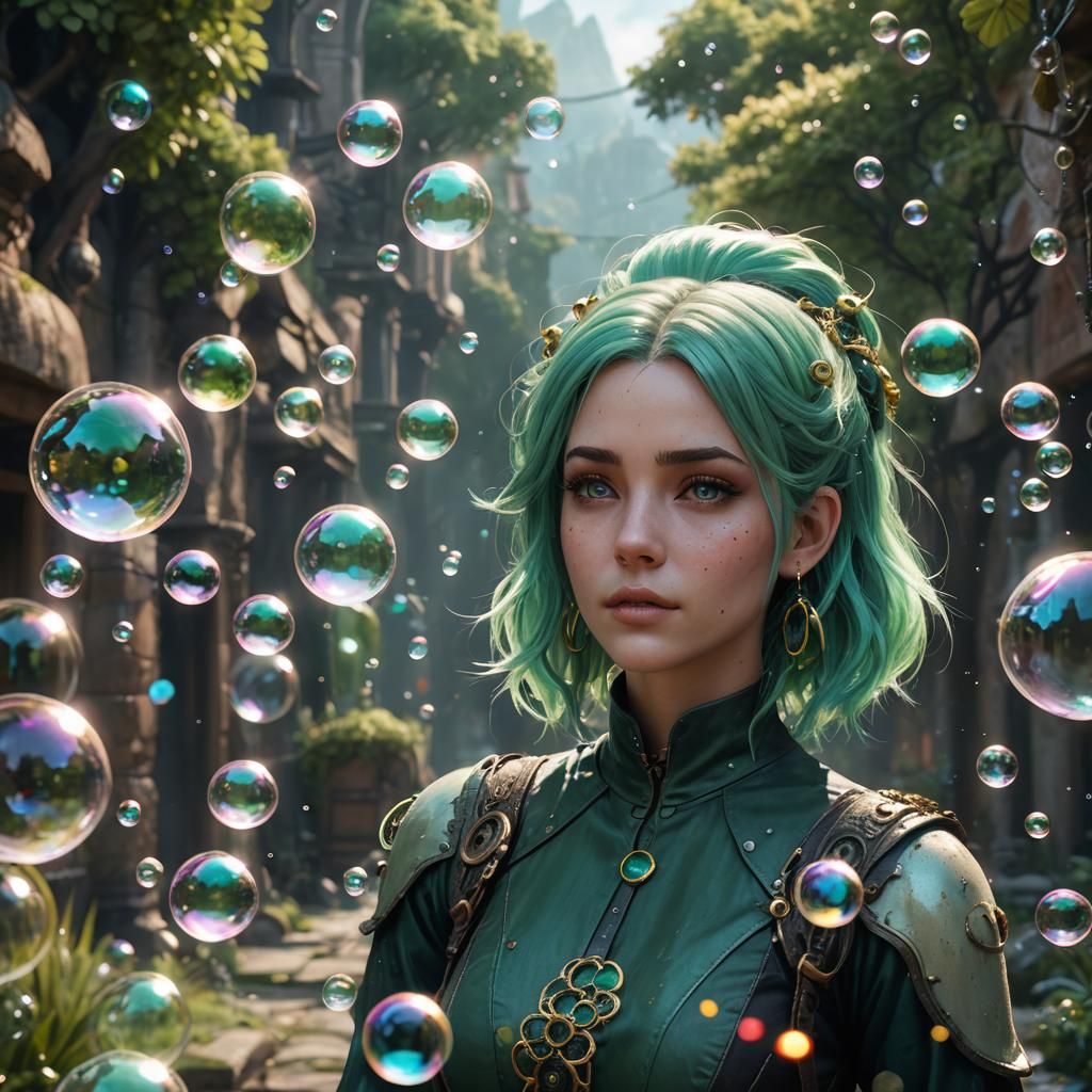 Girl with Green Hair and Bubbles in Fantasy Art