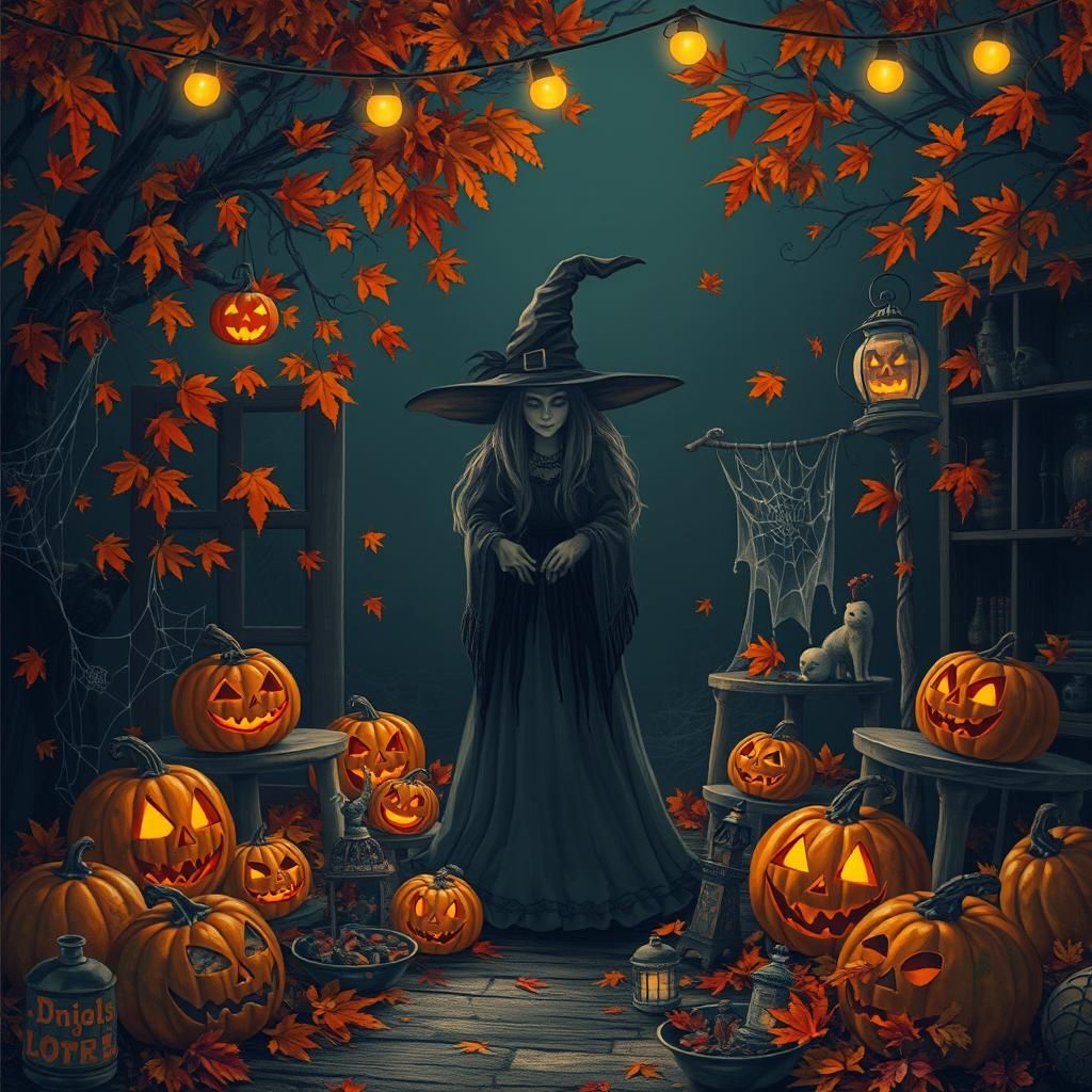 Enchanting Autumn Witch in a Gorey-Miyazaki Style