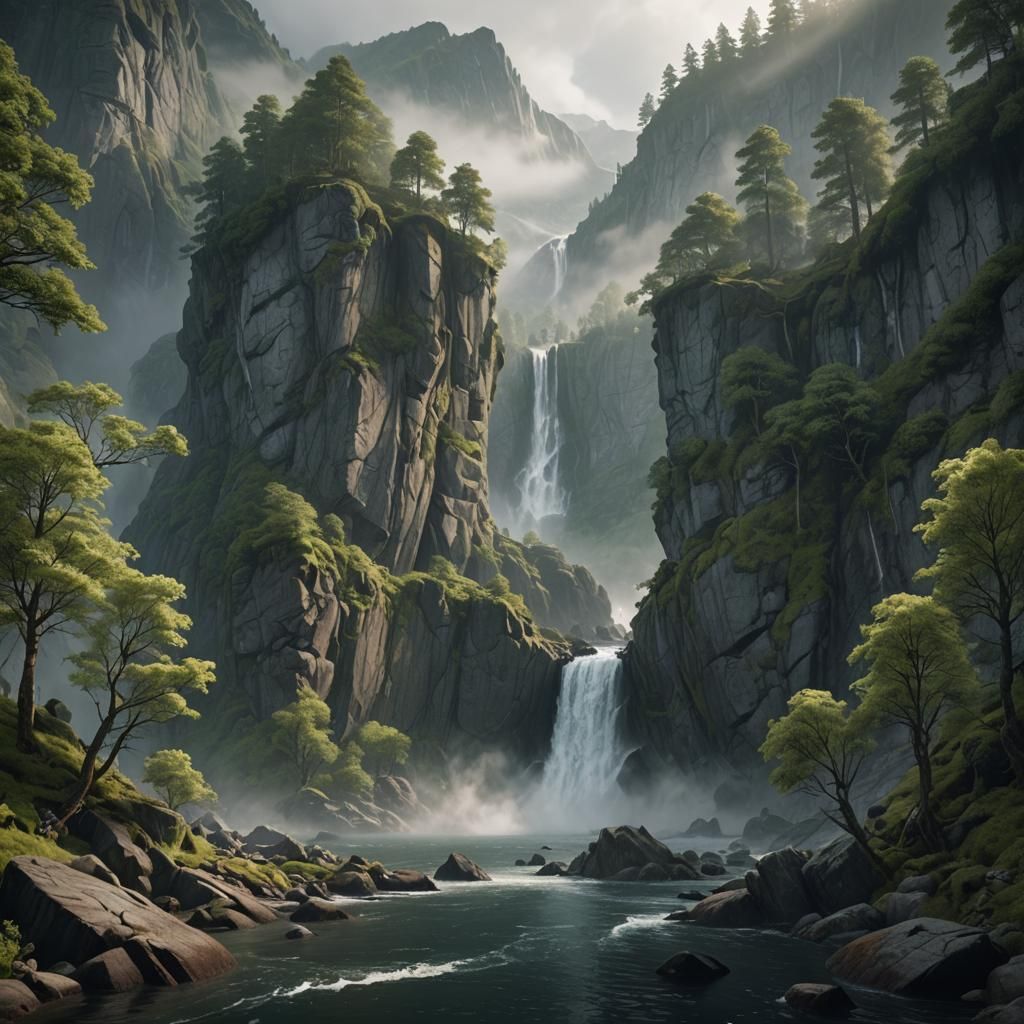 Ethereal Misty Fjord with Waterfalls in Fantasy Style