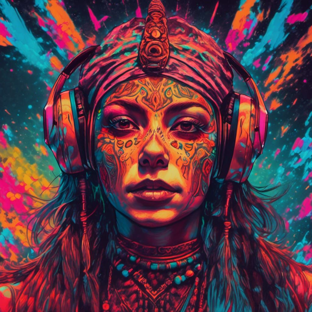 Psychedelic Shamanic DJ Portrait in Hyperrealistic Style