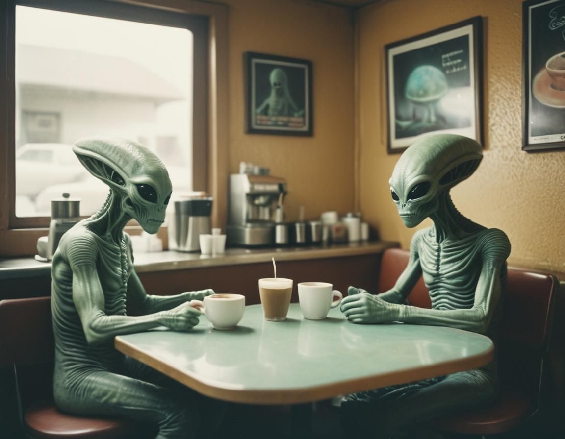 Alien Coffee Shop Scene in Retro Polaroid Style