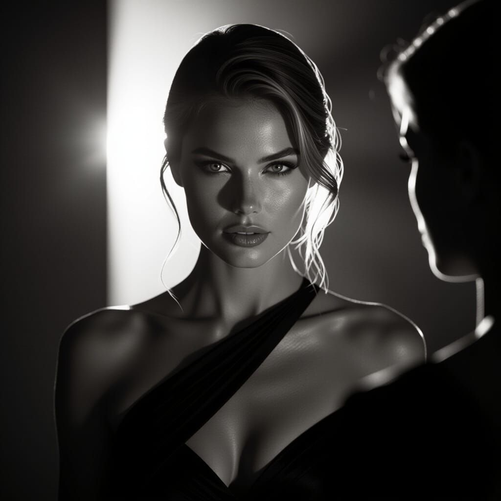 Norwegian Woman's Intense Gaze in Golden Hour Neon