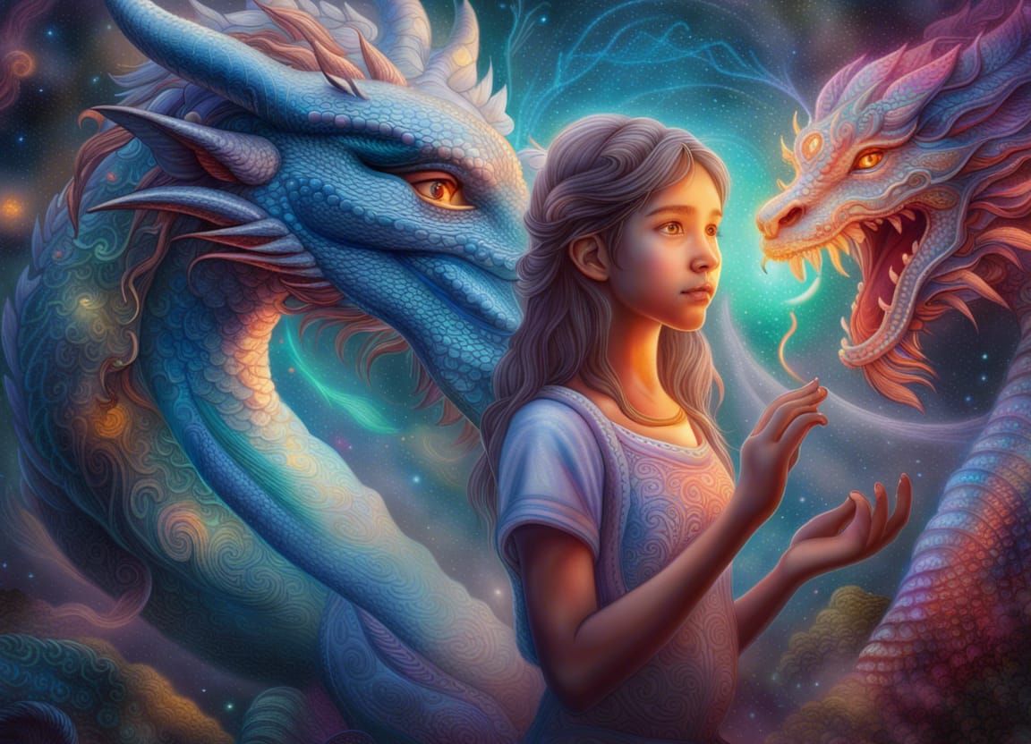 Girl and Dragon: Holographic Astral Illustration