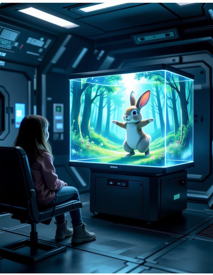 Girl Gazing at Holographic Rabbit in Space