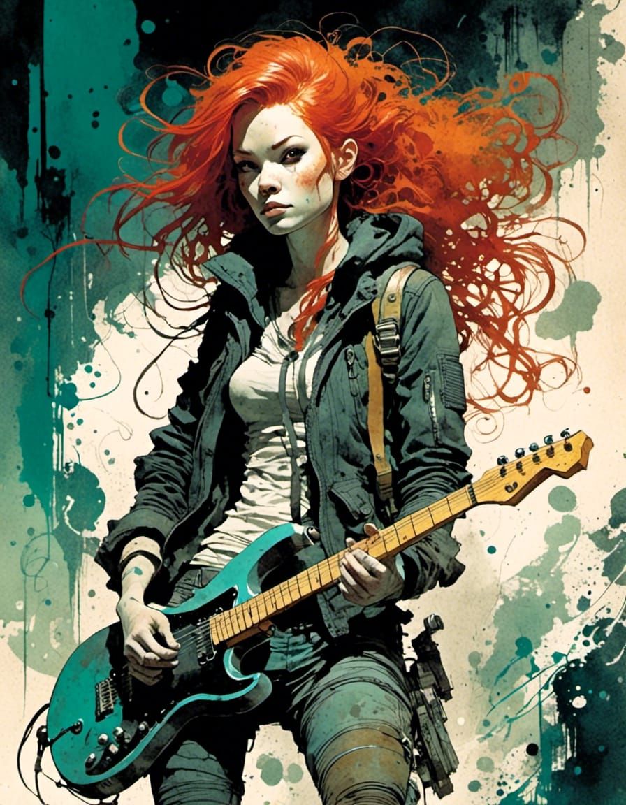 Redhead Cyberpunk Girl Guitar Drawing in Comic Style