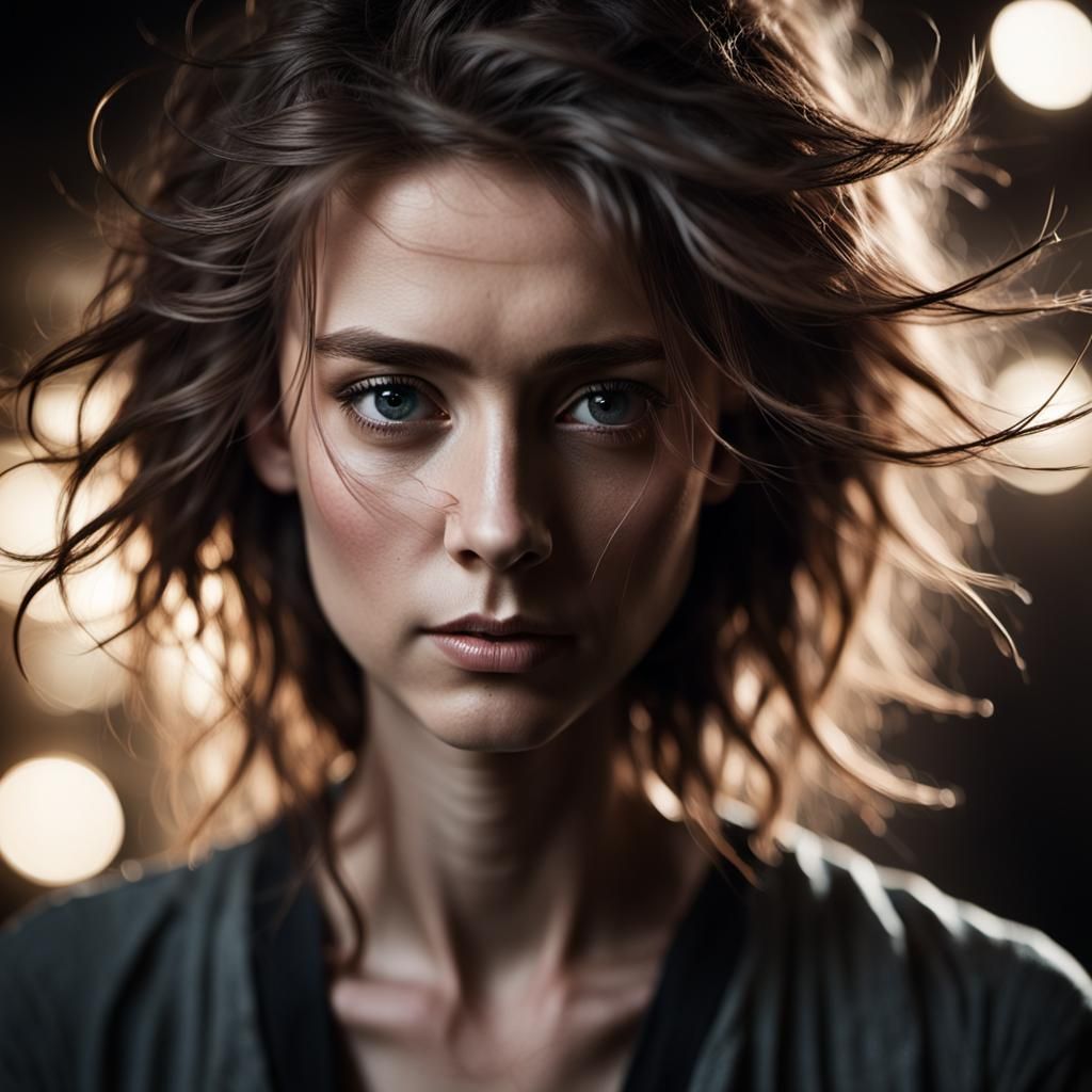 Dramatic Portrait of Woman with Tears and Wind-Blown Hair
