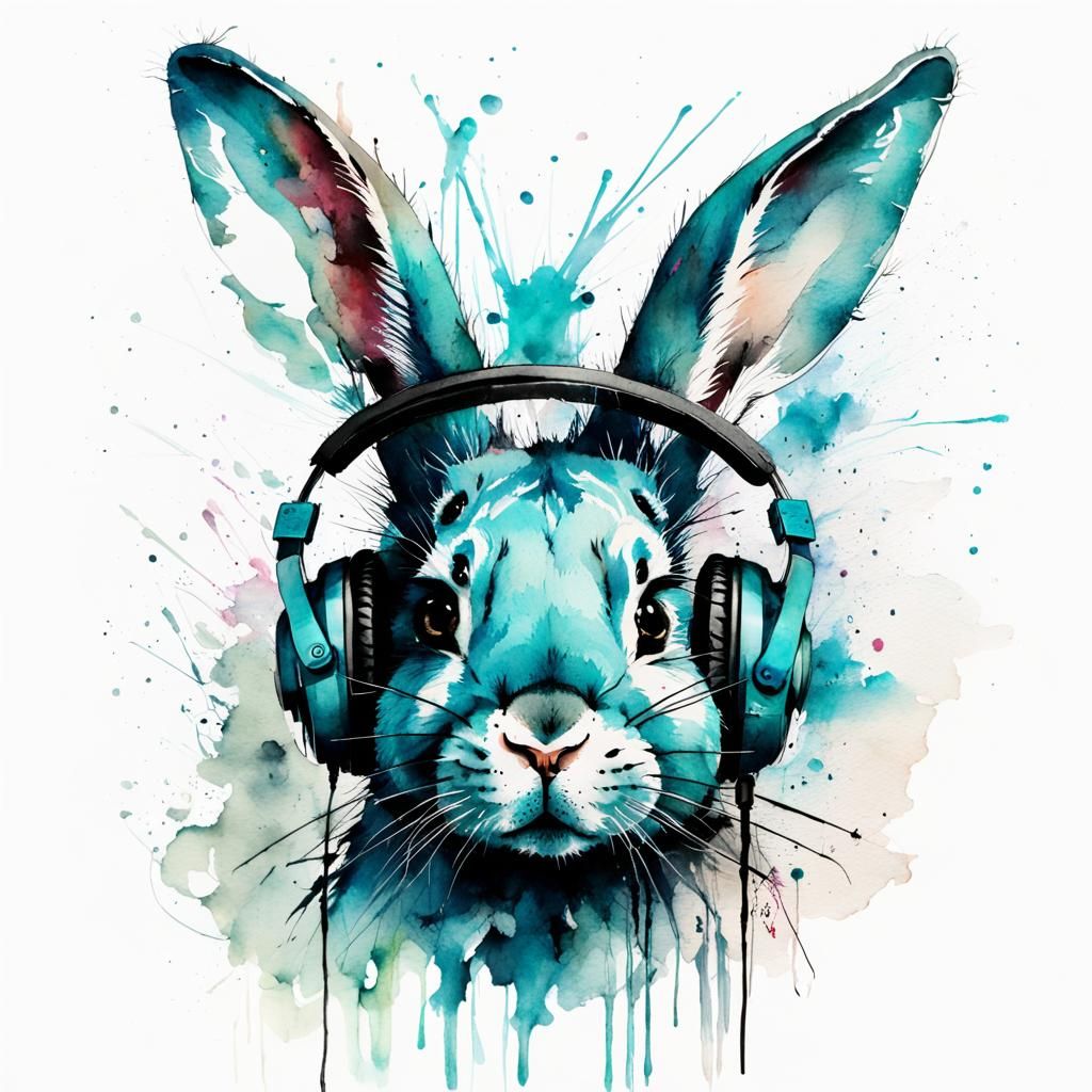 Cyan Bunny with Headset in Watercolour Style
