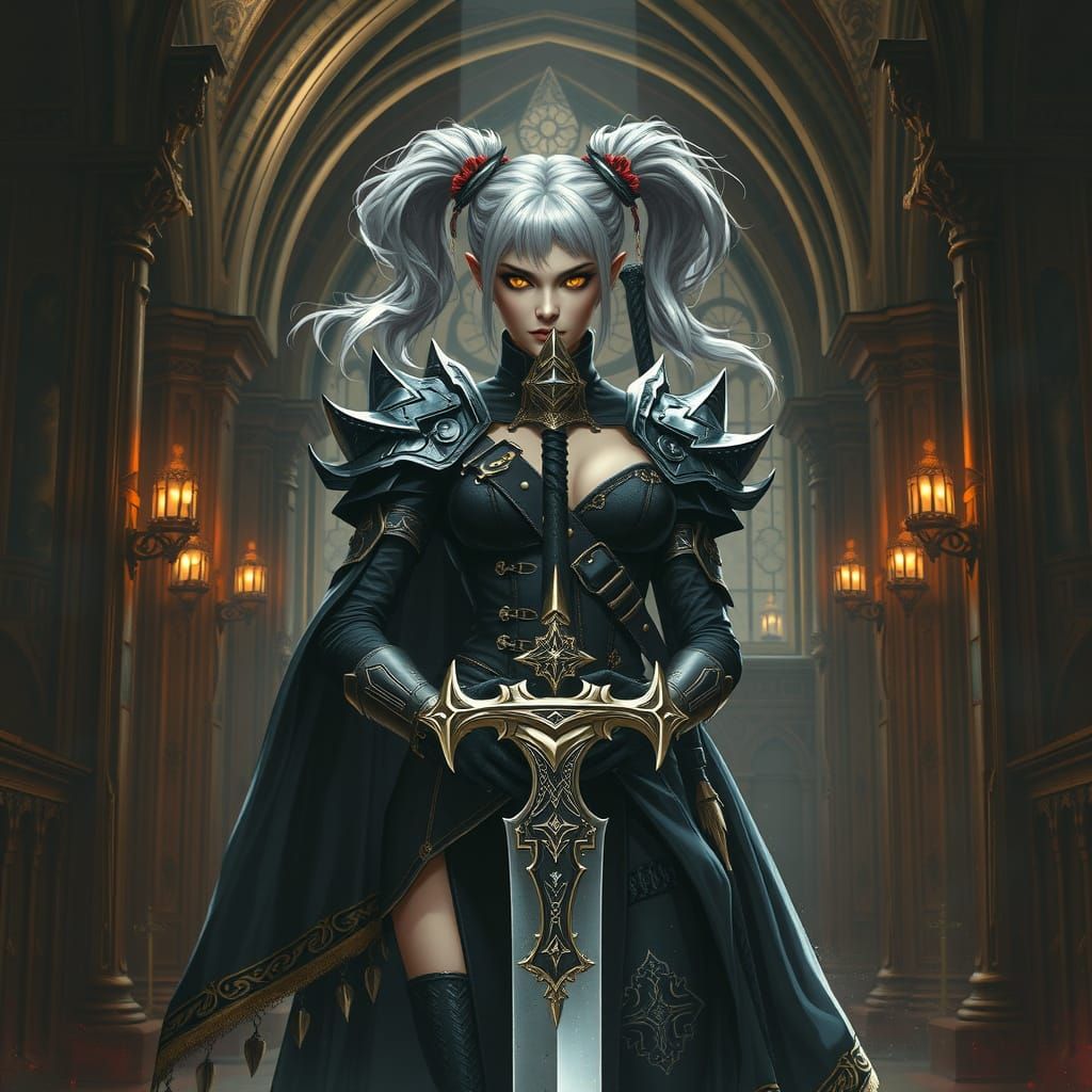 Gothic Vampire Paladin in Ornate Chapel