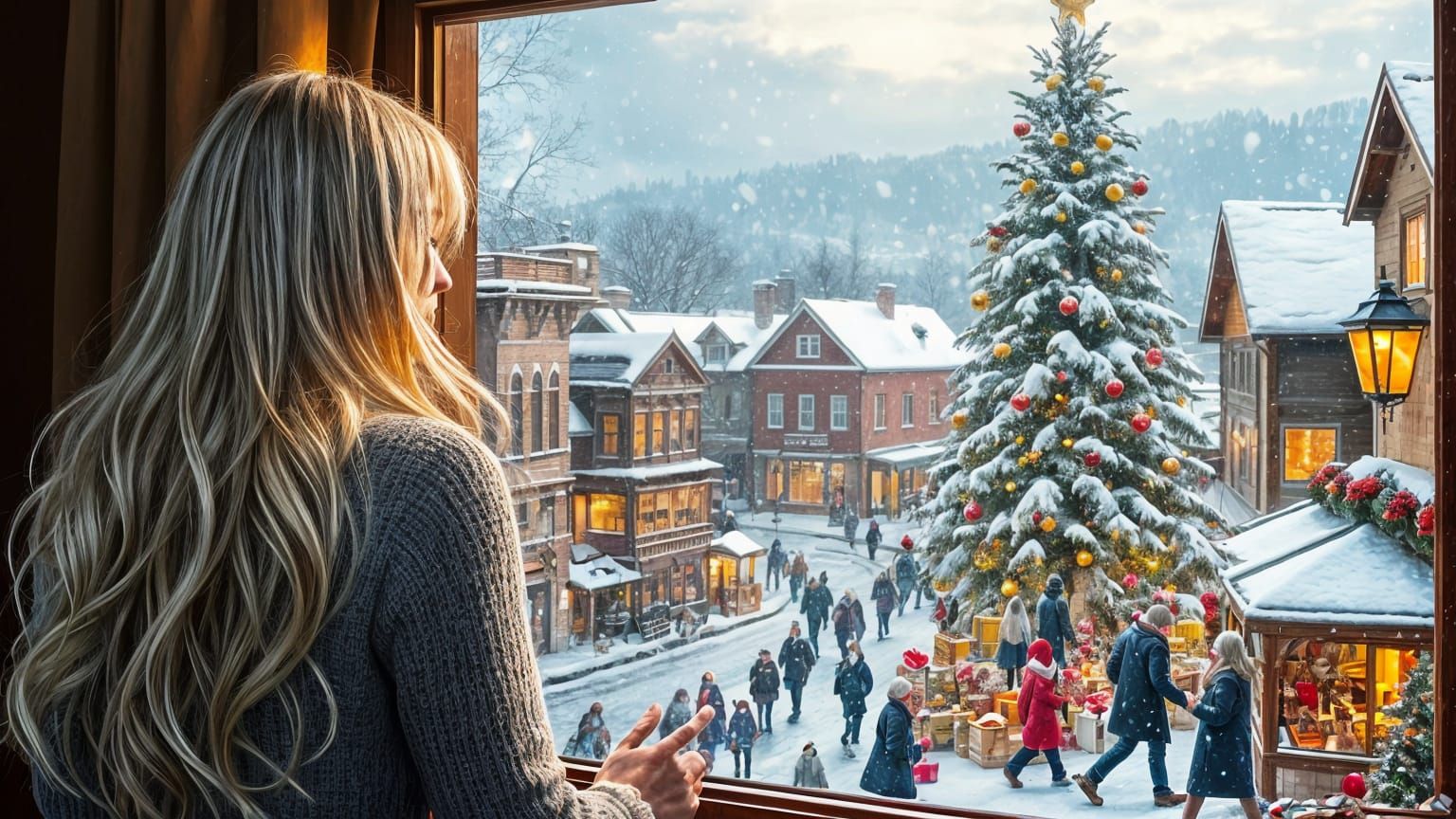 Woman Gazing Out at Christmas Town Square in a Whimsical Win...