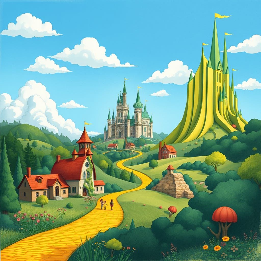 Whimsical Land of Oz Dreamscapes in Vibrant Watercolor Style