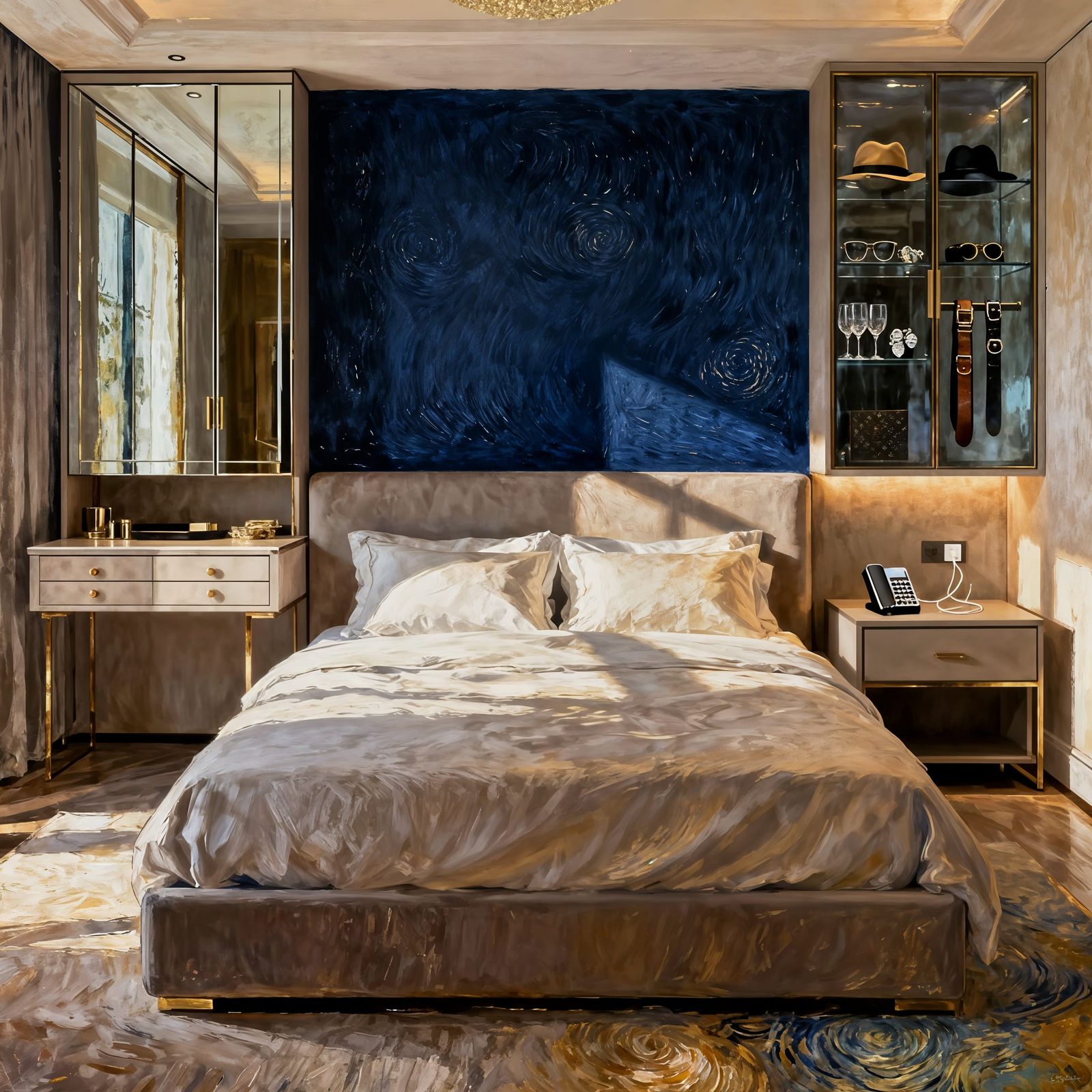 Modern Bedroom with Navy Blue Wall in Hyperrealistic Style