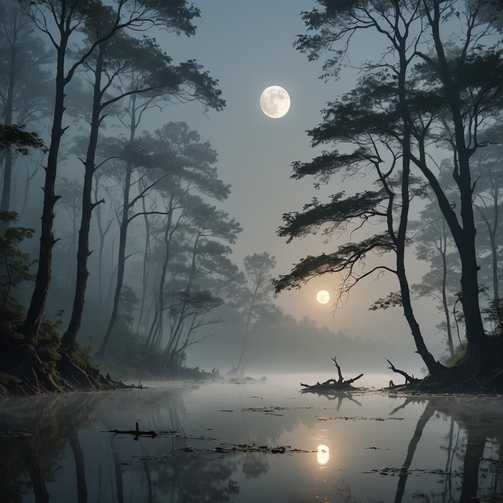 Moonlit Forest Lake in High Resolution