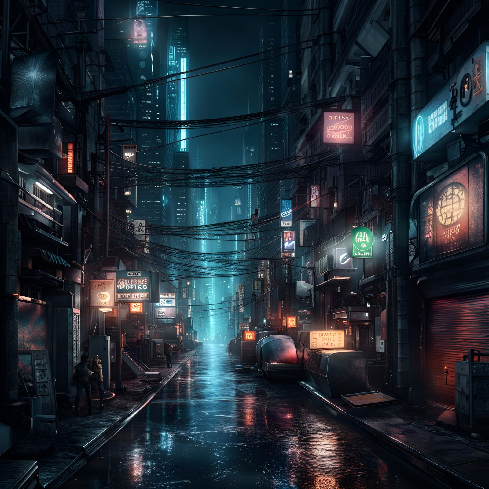 Dystopian City Street at Night in Digital Art Style