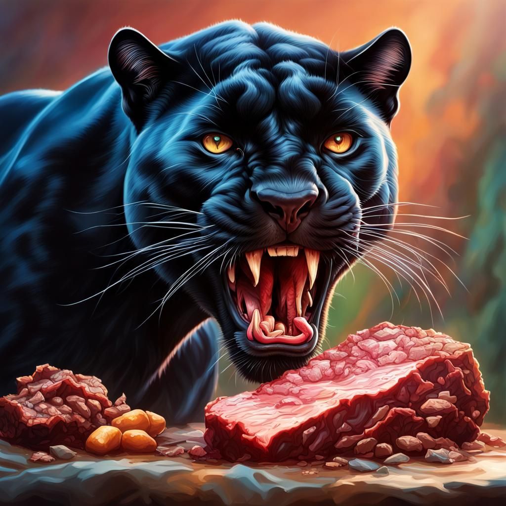 Hyperrealistic Panther Eating Wild Meat Splash Art