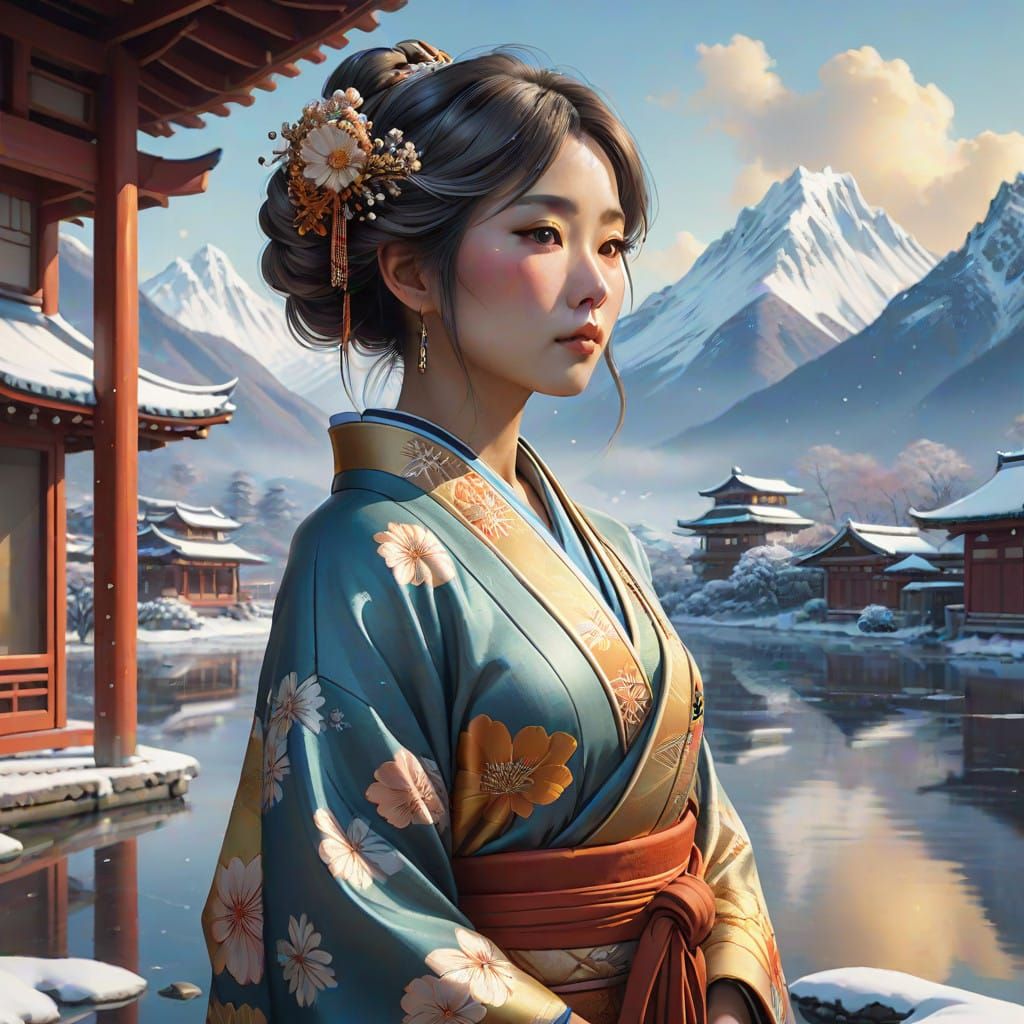 Serene Japanese Woman on a Frozen Lake in Winter Wonderland...