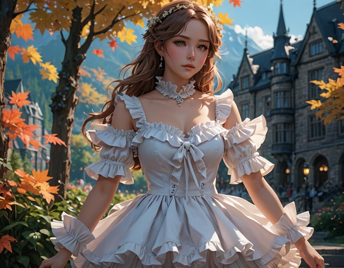 Anime Girl in Ruffle Dress, 3D Render