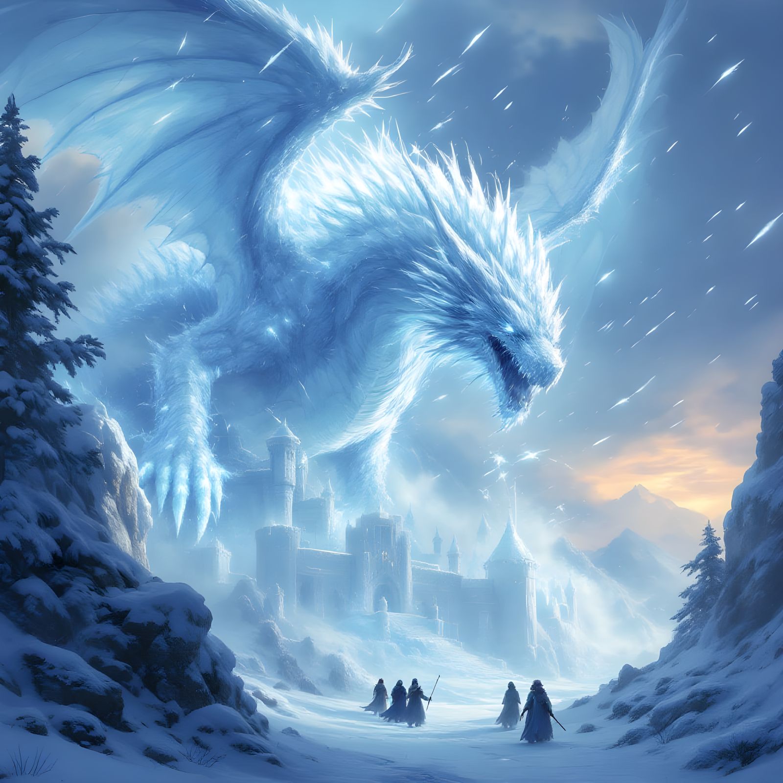 Icy White Dragon Over Ice Castle