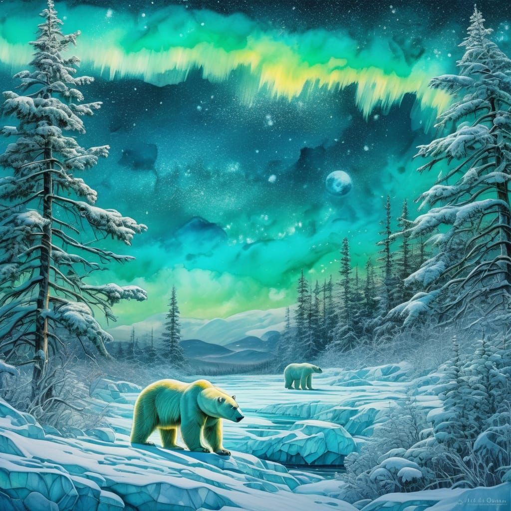 Realistic Polar Bears in Ethereal Winter Landscape