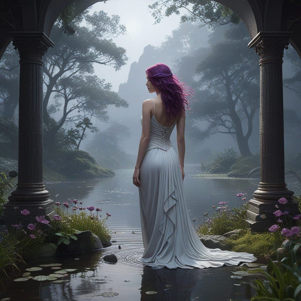 Enigmatic Woman in Violet Hair, White Gown, and Sword, Surro...