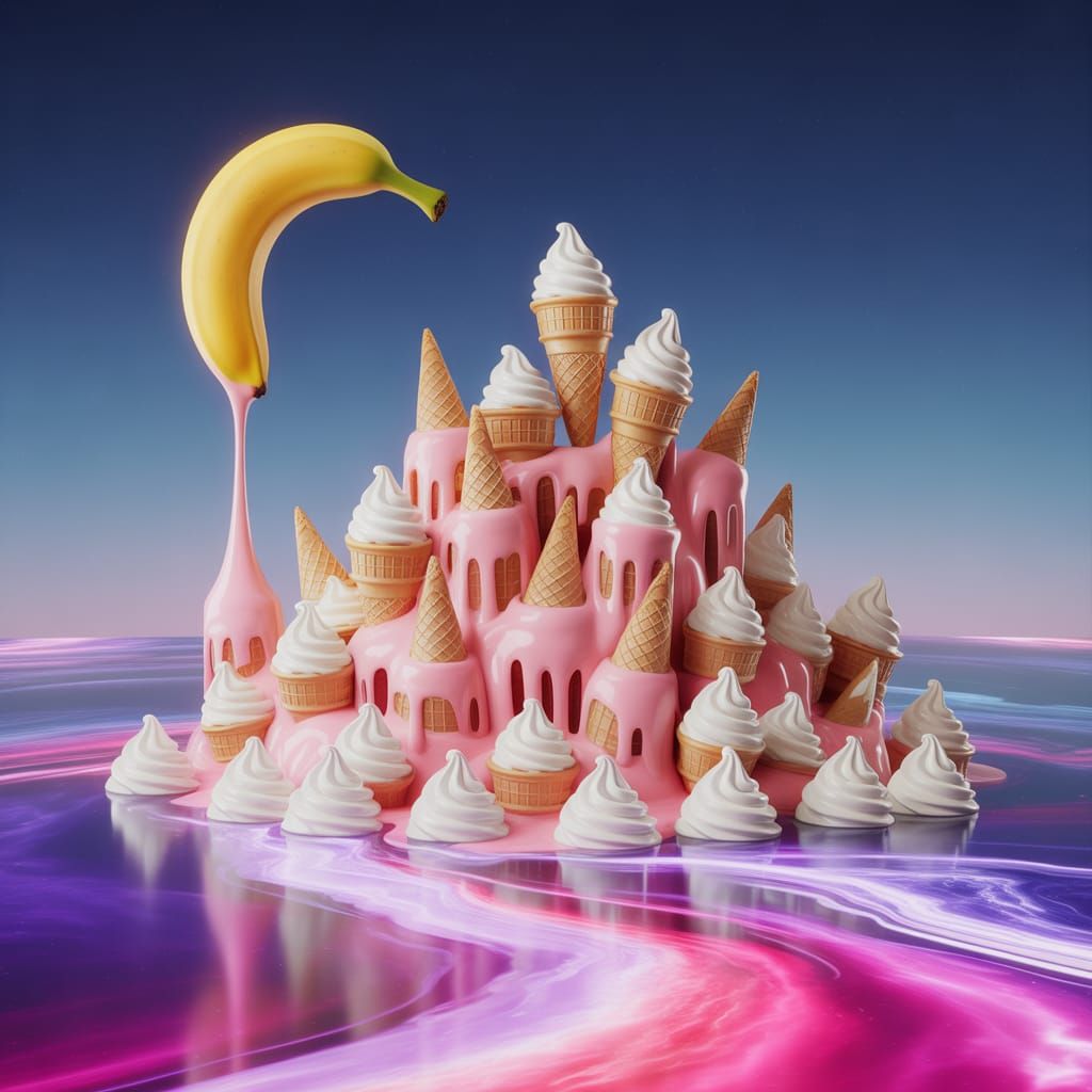 Dreamlike Ice Cream City Reflecting Nebula