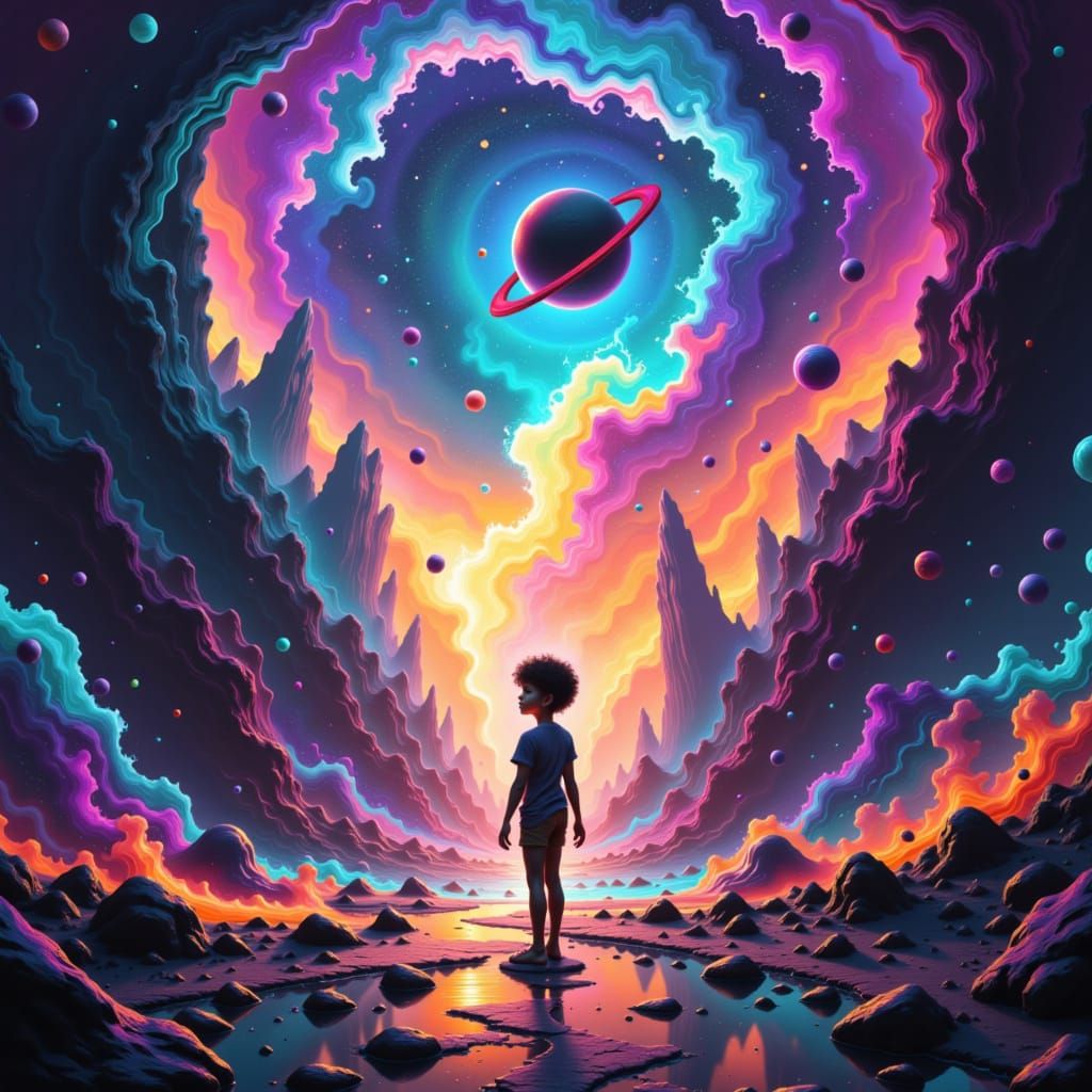 Surreal Galaxy Engulfs Person in Dreamlike Scene