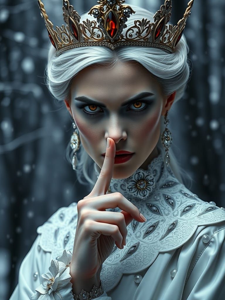 Regal Vampire Queen in Snowy Forest, Demands Silence