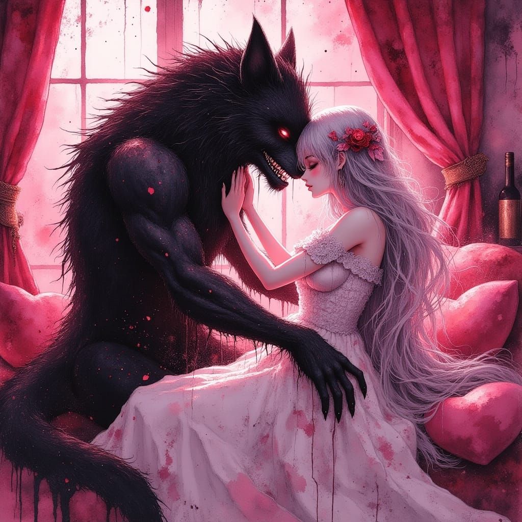 Werewolf Lovers Embrace in Pink Bedroom Anime Style
